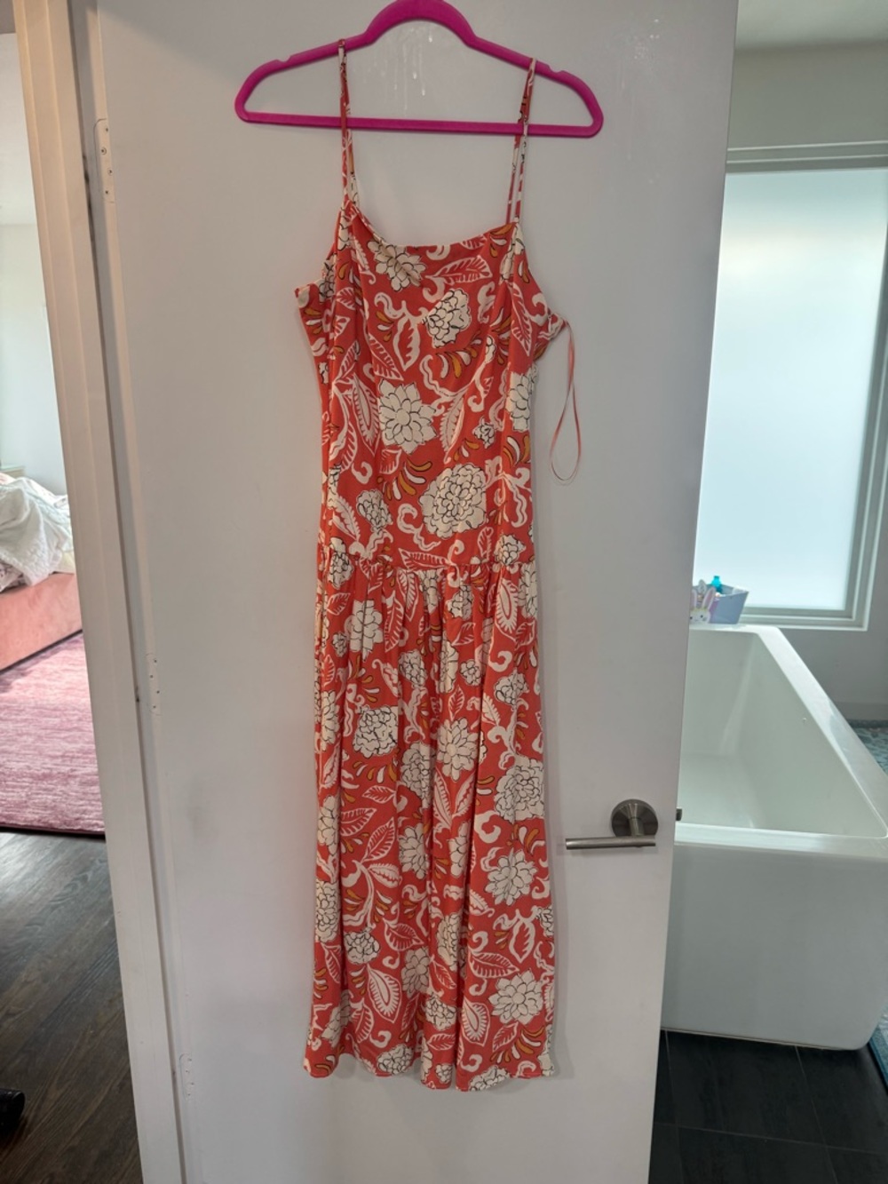 NWOT Zara Linen Blend Drop Waist Block Print Orange Sundress
